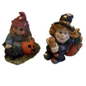 K’s Collection Halloween‎ Friendly Witches Figurine Set Of 2 Broom Cat Pumpkin